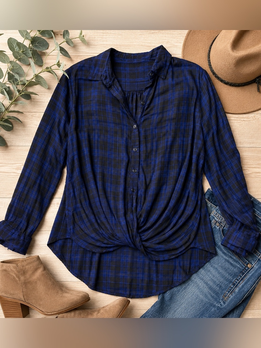 Peyton Jensen Blue & Black Plaid Twist Front Blouse – Size Small